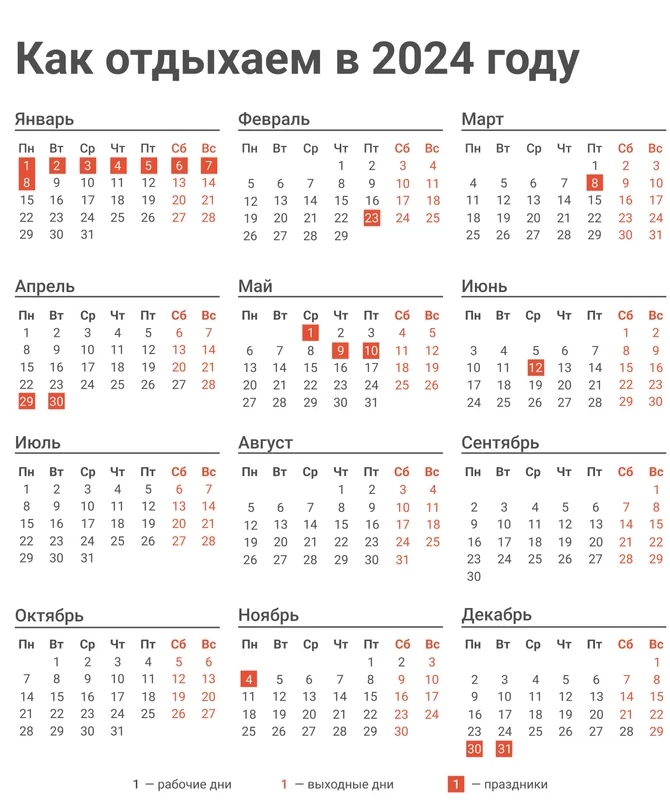 Календарь нерабочих дней 2024, когда отдыхаем?